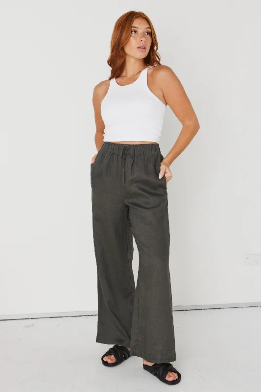 Limited Stock, Big Sale Resort Dark Olive Linen Wide Leg Elastic Waist Pant