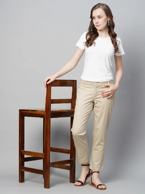 Flash Sale Or Flash Sales Women's Beige Cotton Elastane Regular Fit Pant