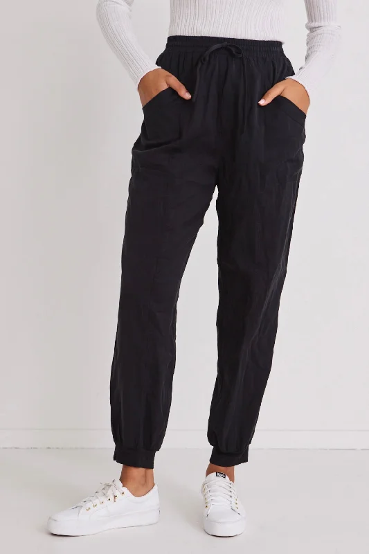 Cozy Chic Promotions New Warrior Black Relaxed Drapey Drawstring Stretch Cuff Pant