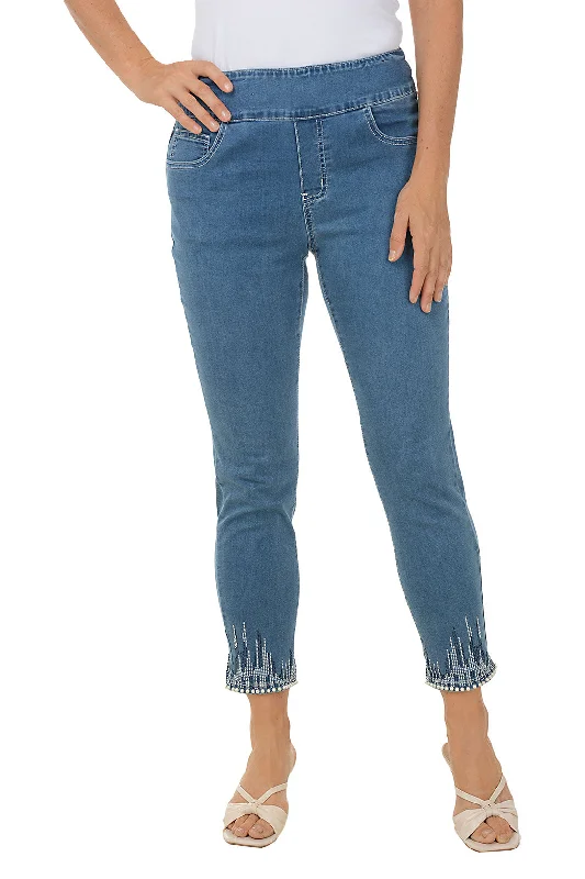 Trend Leading Collection Jeweled Pearl Hem Denim Ankle Pant