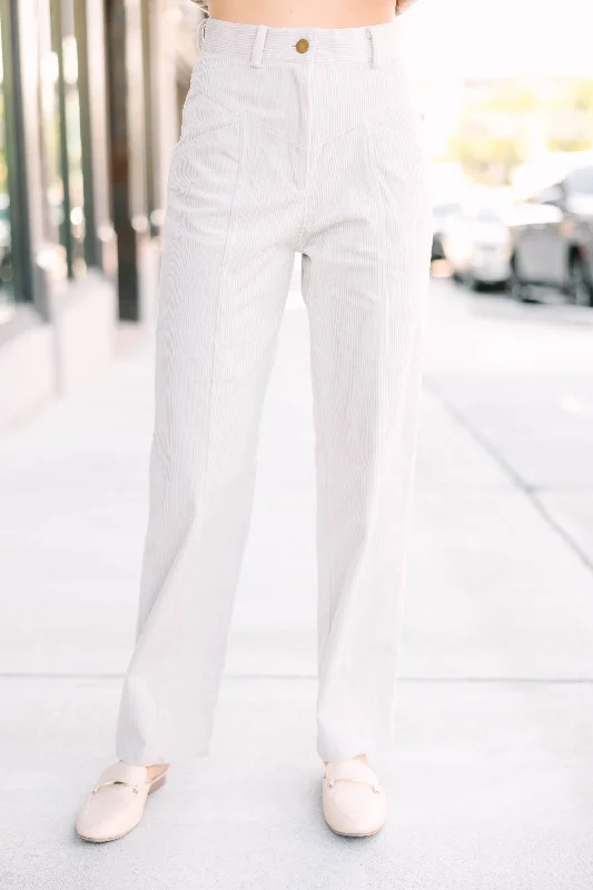 Evening Elegance Bring It Back Beige White Corduroy Straight Cut Pants