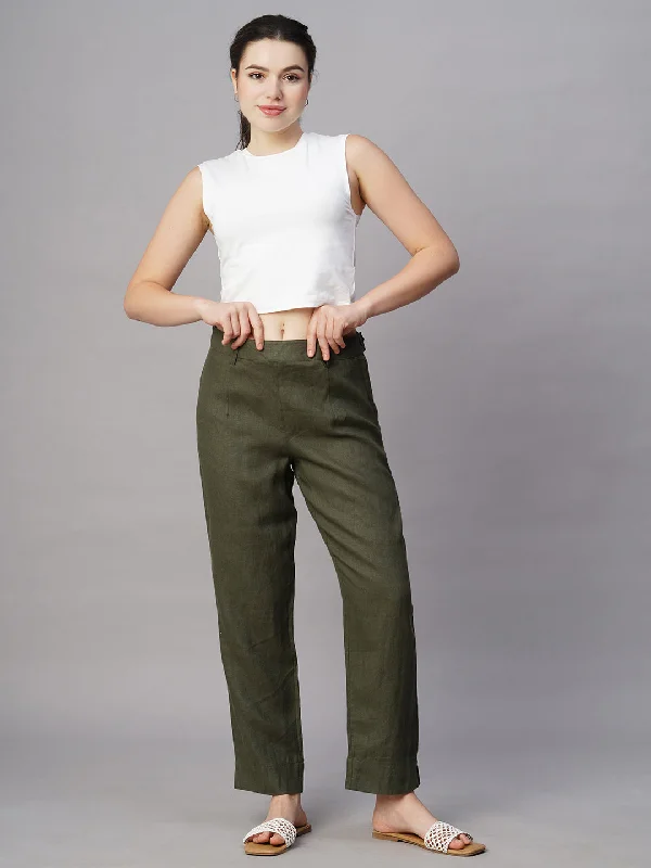 Clothes For Sale Women's Olive Linen Regular Fit Pant