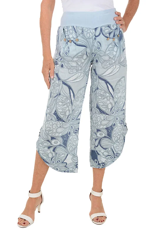 Huge Discounts This Week Blue Floral Triple Button Linen Crop Pant