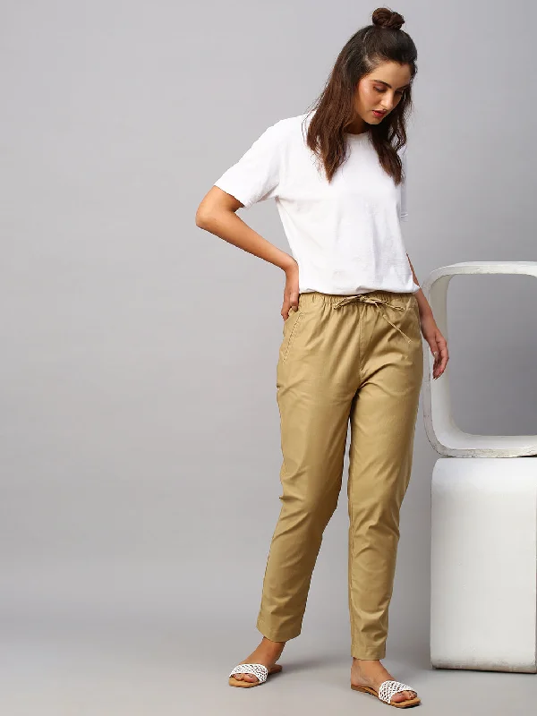 Big Discounts Women's Khaki Cotton Lycra Regular Fit Pant