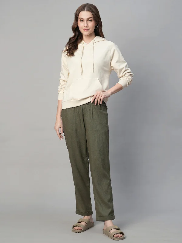 Discount Price Women's Olive Linen Viscose Regular Fit Pant