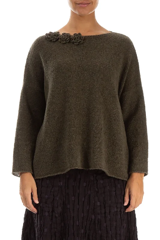 Fashion Essentials Rosette Khaki Wool Sweater