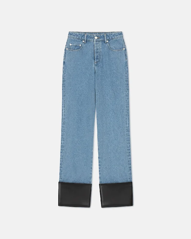 Browse Our Top Products Raynee - Leather-Trimmed Straight-Leg Jeans - Mid Blue
