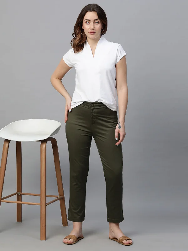 Trendy Street Style Women's Olive Cotton Lycra Regular Fit Pant