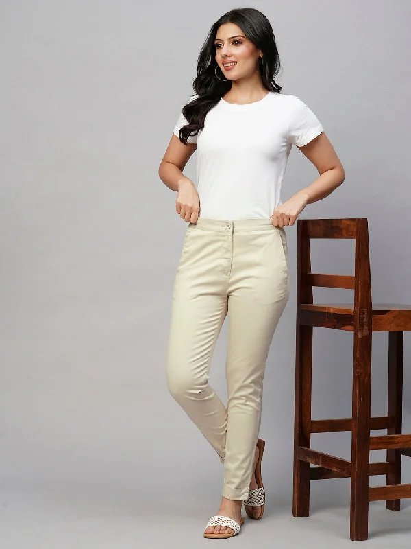 Workwear Fashion for Women Women's Beige Cotton Lycra Slim Fit Pant