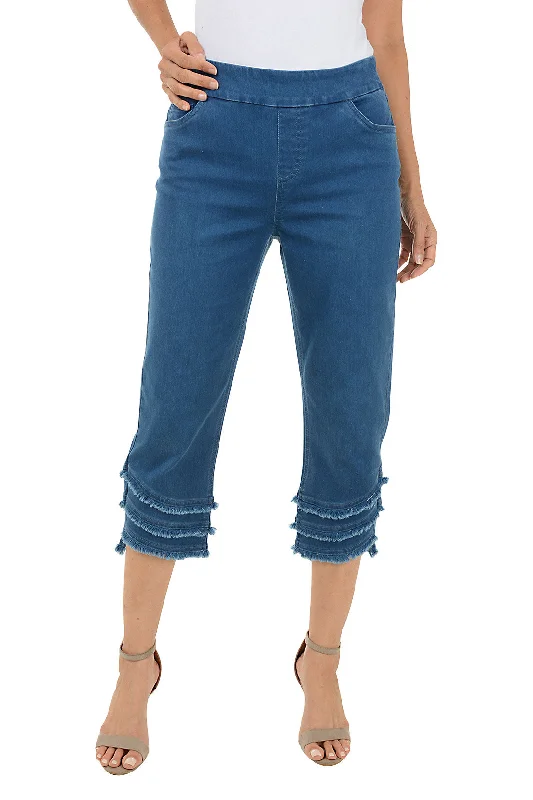 Luxury Fashion Curved Triple Fringe Denim Capri Pant