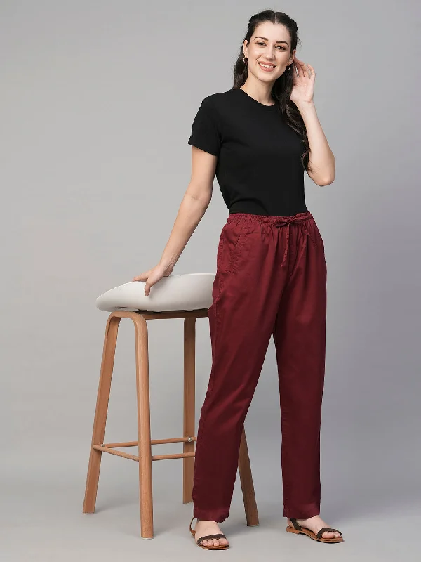 Women's Clothing Brands Women's Maroon/Red Cotton Elastane Regular Fit Pant