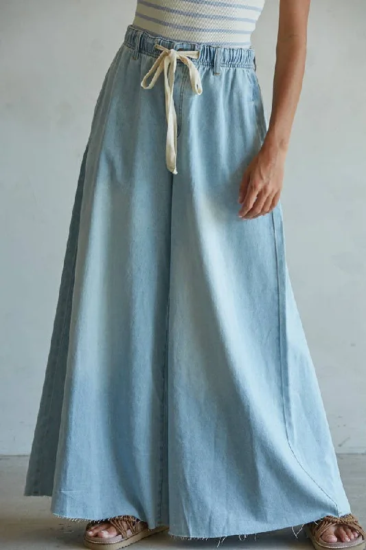 Style Without Limits Denim Drawstring Waist Band Wide Leg Pants