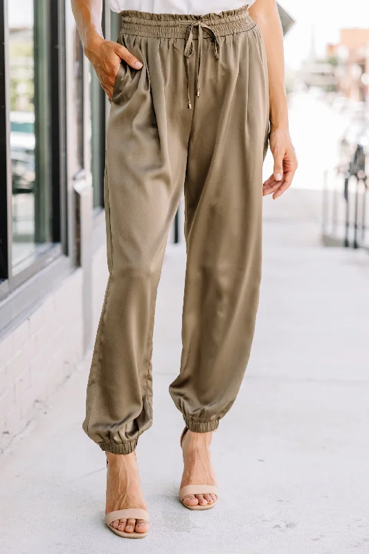 Step Ahead, Lead The Trend Provided Happiness Olive Green Satin Joggers