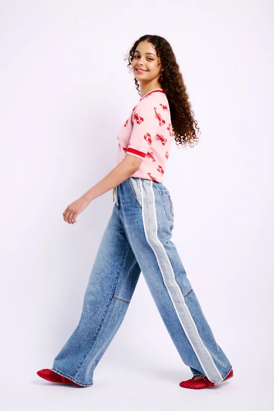 Sustainable Fashion Extravaganza Elasticated Wide Leg Jeans with Contrast Stripe in Medium Blue