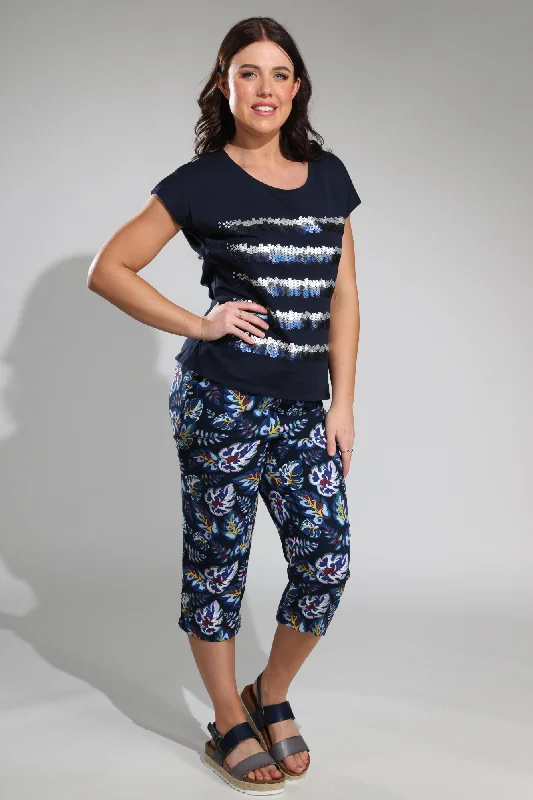 Style Without Limits Printed Rayon Mid Calf Pants | Blues Pink Leaf | 7333A1