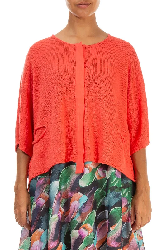 Chic Casual Style Button Band Boxy Coral Linen Cardigan