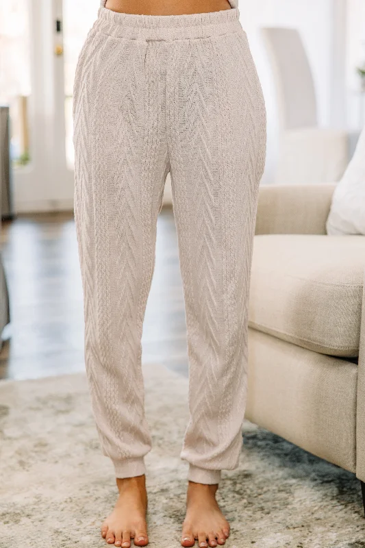 Comfortable Chic Living The Dream Oatmeal White Cable Knit Joggers