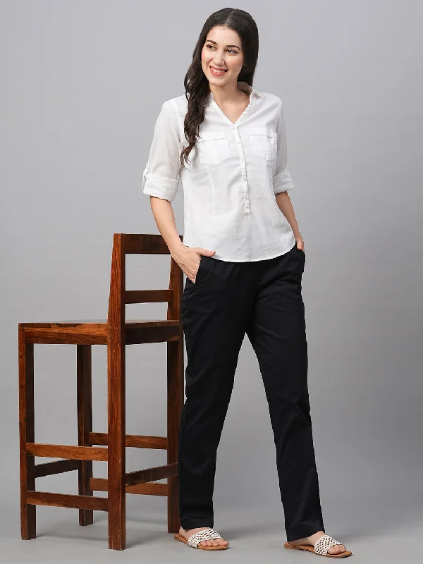 Relaxed Fashion Women's Black Cotton Lycra Regular Fit Pant