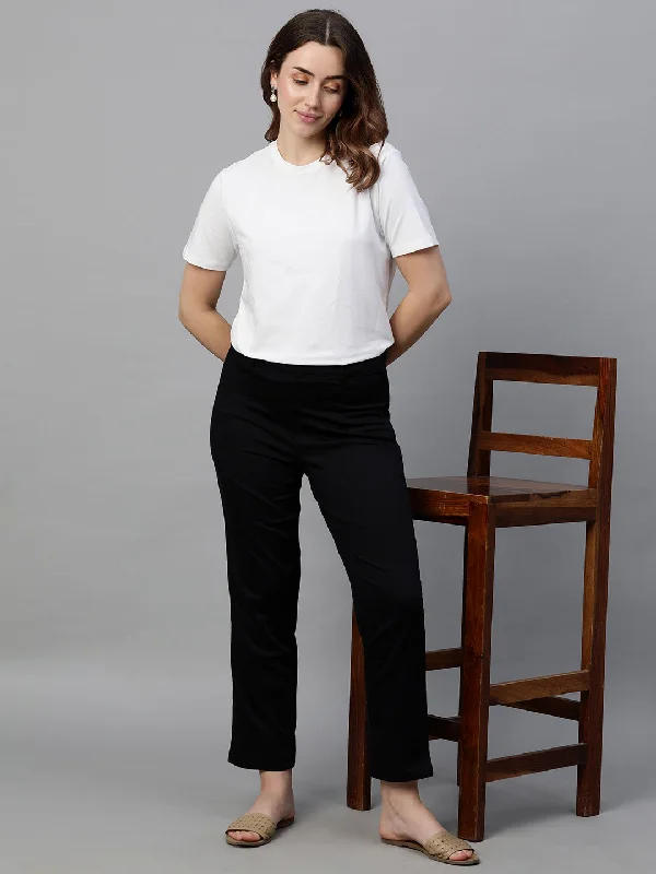 Casual Chic Clothing Women's Black Cotton Elastane Regular Fit Pant