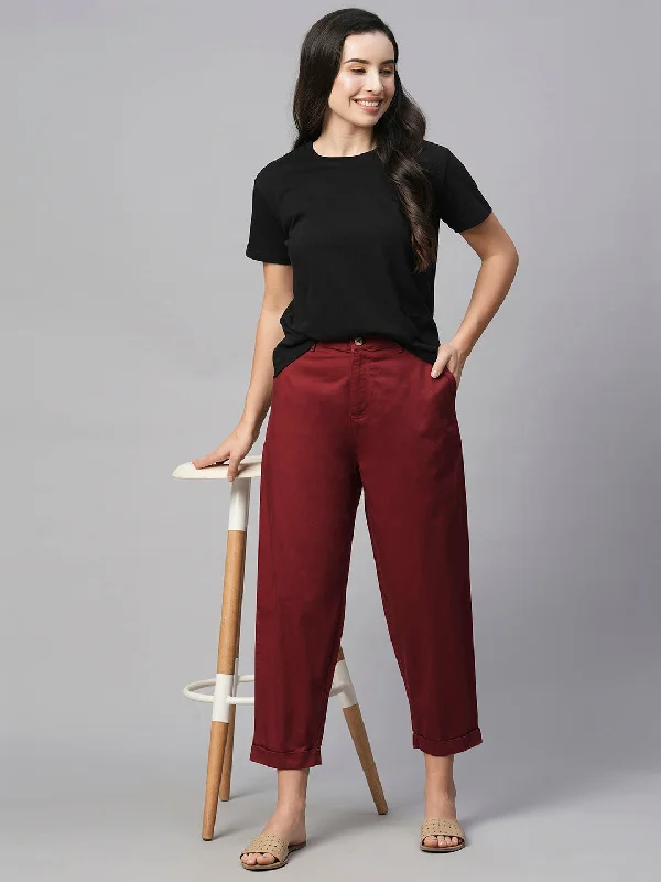 Boho Chic Fashion Women's Cotton Elastane Maroon/Red Loose Fit Pant