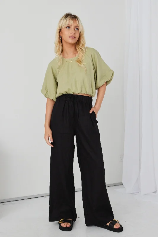 Flash Sale Resort Black Linen Wide Leg Elastic Waist Pant