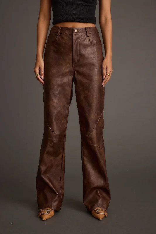 Style Upgrade Kingsley Washed Brown Vegan Leather Straight Leg Pants