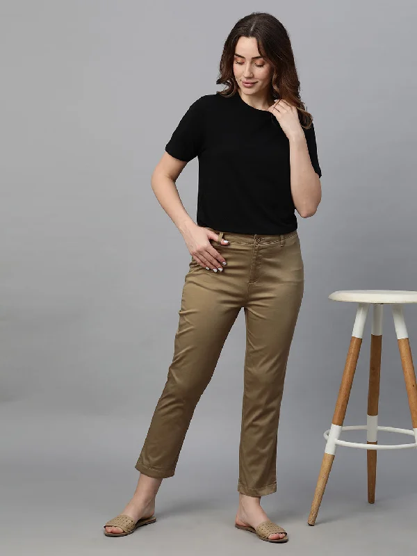 Sophisticated Fashion Women's Khaki Cotton Lycra Regular Fit Pant