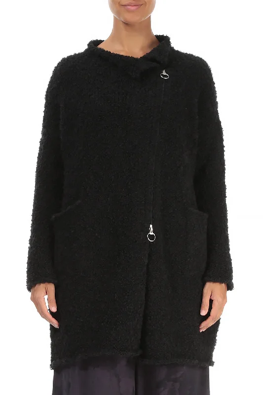 Chic And Comfortable Side Zip Black Alpaca Wool Cardigan