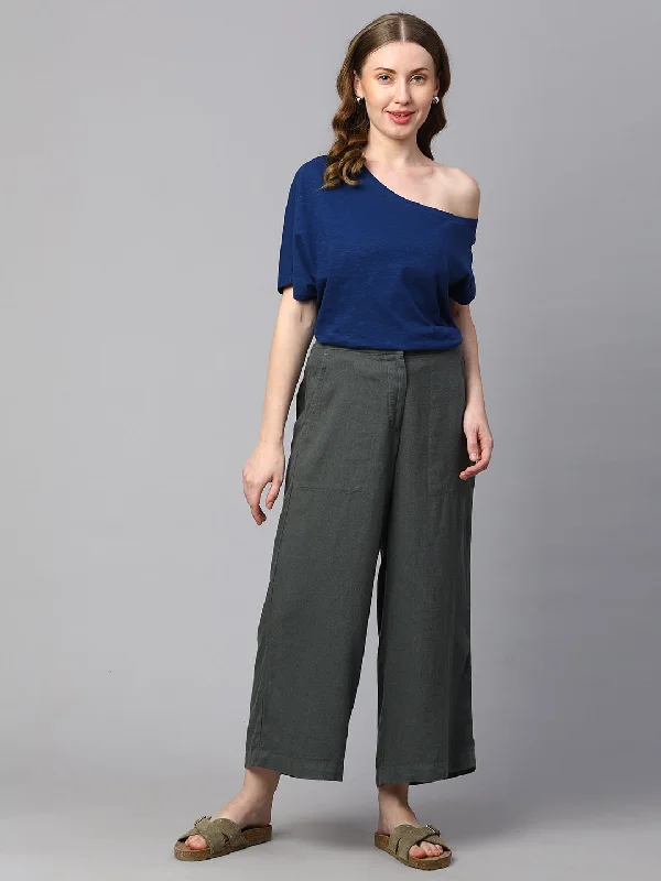 Clothes Women Women's Grey Linen Viscose Wide Leg Culotte