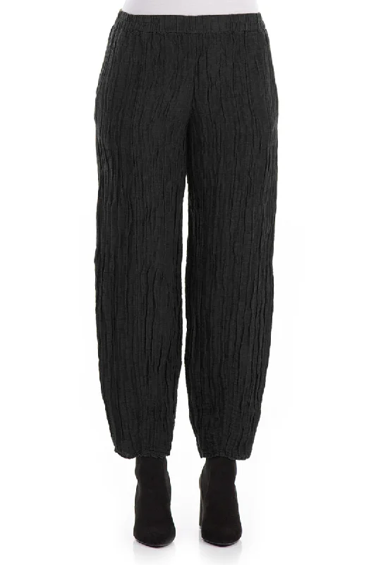 Feminine Luxe Style Sale Pencil Crinkled Black Silk Trousers